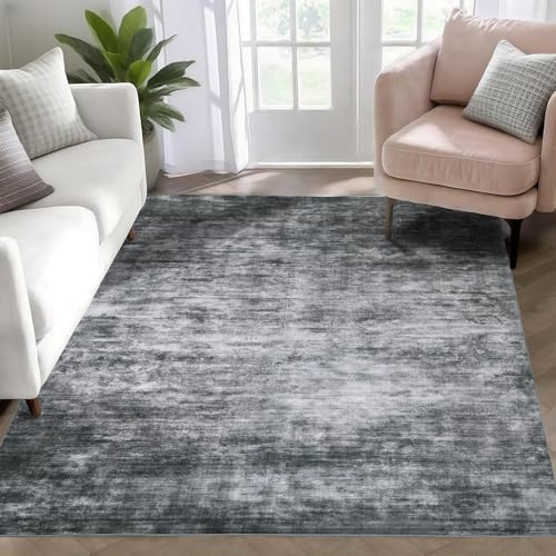 WILLSUN Washable Area Rugs, 4x6 Non-Slip Boho Large Area Rugs for Living Room, Bedroom, Machine Washable Vintage Rug, Indoor Floral Print Carpet for Home Decor, Kid & Pet Friendly Mat - color: Light Black, size: 4' x 6' (Rectangular)