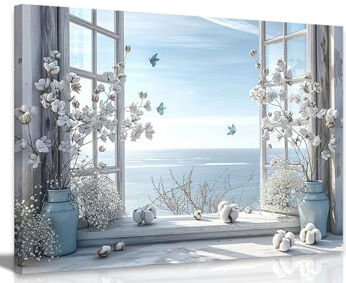 Coastal Flower Bathroom Canvas Wall Art Farmhouse Cotton Bouquet and Butterfly Bathroom on Window Wall Decor Rustic Blue Beach Butterfly Poster Print for Living Room Bedroom Restroom Home Decoration - size: 24"L x 16"W