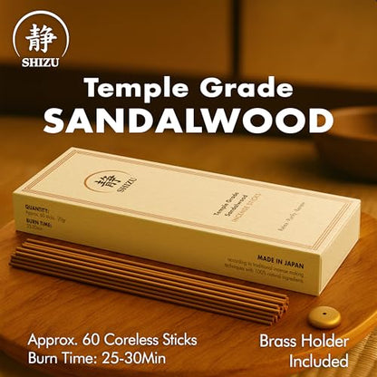 Shizu Sandalwood Incense Sticks – Artisanal Temple Grade Japanese Incense with Brass Holder – Calming Scent for Relaxation, Meditation & Home Spa, Elegant Gift Set (60 Sticks)