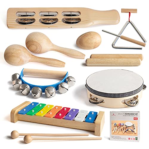 Musical Instrument Set for Toddler Baby Kid Wooden Percussion Instrument Musical Toys Xylophone Maracas Egg Shaker Tambourine Triangle Instrument for Boys Girls