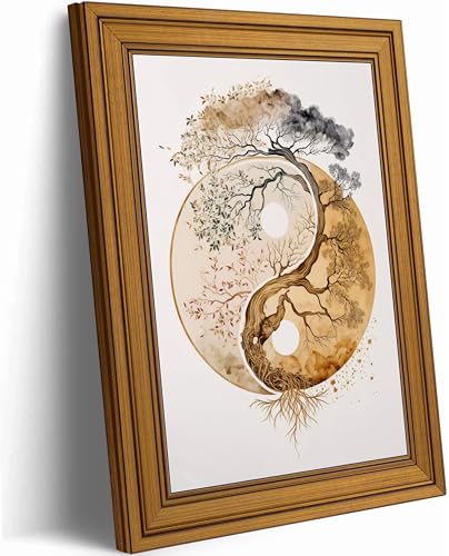 Vintage Gold Framed Tree of Life Canvas Wall Art, Neutral Zen Poster Print Artwork, Abstract Yin Yang Fall Painting Picture Wall Decor, for Living Room, Yoga Room, Hotel, Bedroom, Home Decoration, 9x11in - color: zen tree of life, size: 11"L x 9"W