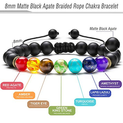 Men Women 8mm Lava Rock Beads Chakra Bracelet Braided Rope Natural Stone Yoga Bracelet Bangle - color: Matte Black Agate-21004