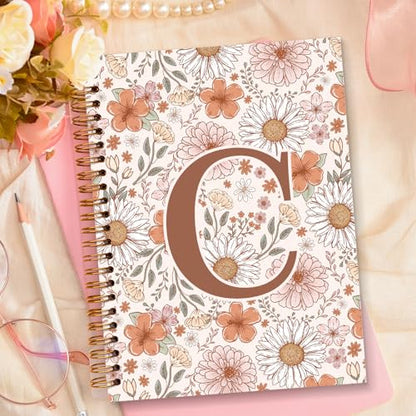Initial Letter C Floral Notebook Journal, Personalized Monogrammed Gifts Journaling Notebooks for Women Teen Girls, Notebooks for Work, Boho Flowers Daisy Spiral Notebook, 5.5x8.3