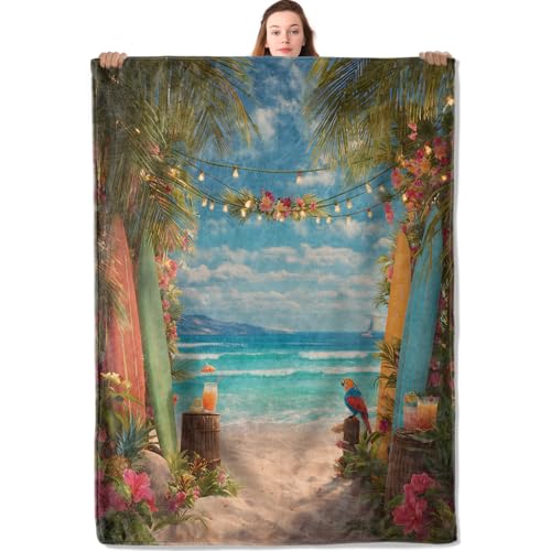 Tropical Beach Flannel Blanket Surfboard Palm Tree and Colorful Flower Warm Lightweight Throw Blankets for Sofa Picnic Travel and Gathering Decorate All Season Use Ocean Lovers Gifts 40x50in - color: Beach, size: 40x50 Inch