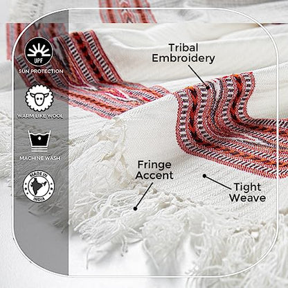 Exotic Meditation Shawl - Large Unisex Prayer Wrap, Oversize Scarf & Versatile Indian Stole Blanket - color: White