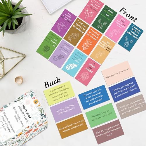 100 Positive Affirmations Cards for Women With Thought Provoking Questions on the Back, Inspirational Daily Affirmation Card for Women Self Care and Meditation, Unique Motivational Gift