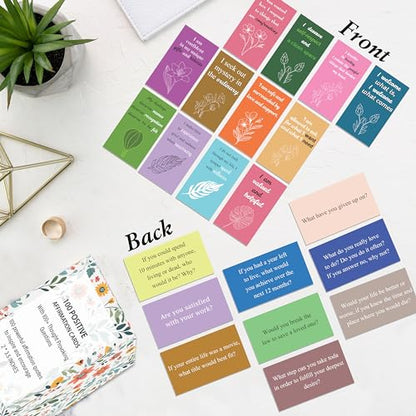 100 Positive Affirmations Cards for Women With Thought Provoking Questions on the Back, Inspirational Daily Affirmation Card for Women Self Care and Meditation, Unique Motivational Gift