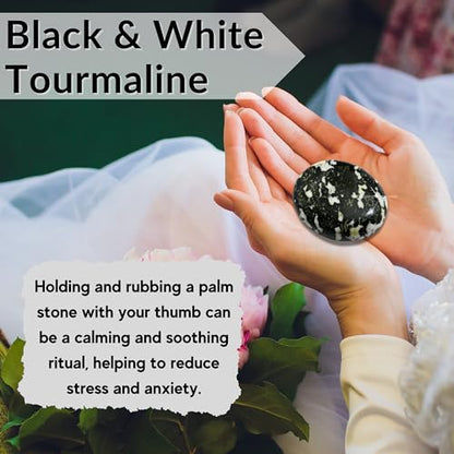 Amazing Gemstone Black and White Tourmaline Crystals and Healing Stones - Large Palm Stone Crystals Piedra - Crystal for Good Luck, Positive Energy, Meditation - Unique Stocking Stuffers, Gifts Women - color: Black & White Tourmaline