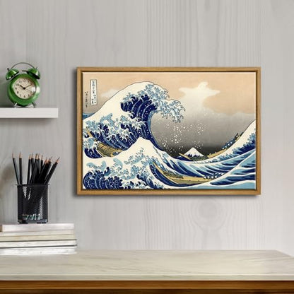 Wieco Art Framed Art Great Wave of Kanagawa Katsushika Hokusai Giclee Canvas Prints Wall Art Abstract Seascape Paintings for Home Living Room Decorations - size: 16"L x 10.8"W