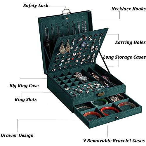 Women Jewelry Box Lockable 3 Layers Large Jewelry Organizer Storage Case for Earrings Necklaces Rings Bracelets,Green Display Jewel Holder (Green) - color: Green