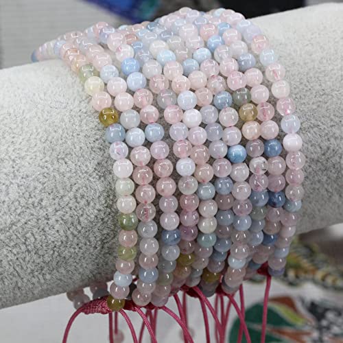 Keleny Natural Gemtones 4mm Round Beads Crystal Adjustable Braided Macrame Tassels Bracelets Unisex - color: Pink Morganite Beryl Aquamarine