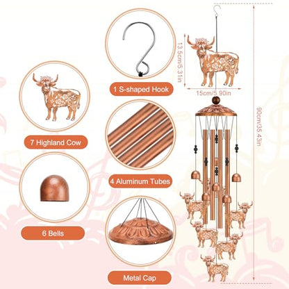 Highland Cow Wind Chimes for Outside Metal Windchimes Highland Cow Gifts for Women Men Garden Decor for Patio Yard Sympathy Memorial