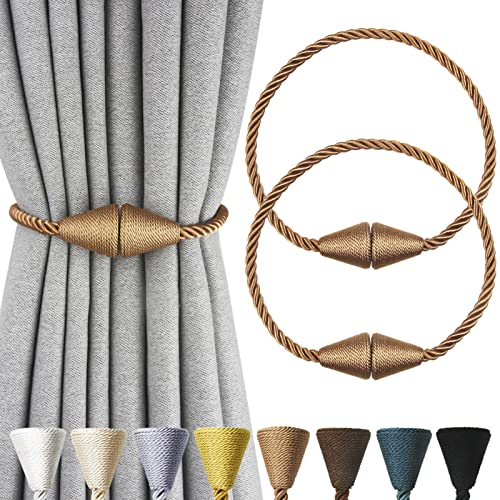 2 Pack Magnetic Curtain Tiebacks Rope Modern Handmade Curtain Tie Backs Decorative Drapes Weave Holdbacks for Window Décor, Khaki - color: Khaki