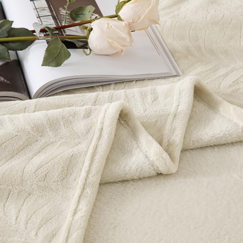 Super Soft Flannel Fleece Throw Blanket, Lightweight Cozy Warm Leaves Textured Plush Blanket for Bed Couch Sofa, 60 x 80 Inches, Linen - color: Linen, size: 60x80 IN