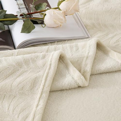 Super Soft Flannel Fleece Throw Blanket, Lightweight Cozy Warm Leaves Textured Plush Blanket for Bed Couch Sofa, 60 x 80 Inches, Linen - color: Linen, size: 60x80 IN
