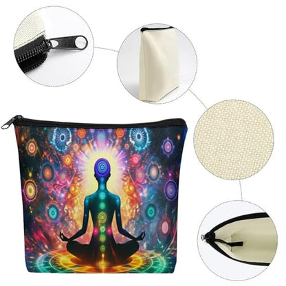Chakra Meditation Large Capacity Linen Cosmetic Bag with Zipper for Women, Sturdy Durable Makeup Travel Bag for Toiletries Trip Organization