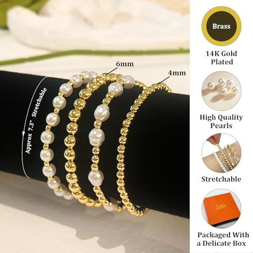 Zeffy Gold Pearl Beaded Bracelet for Women, 14K Gold Plated Jewelry Set With Paperclip Link Chain, Trendy Stack Bracelets - style: 4PCS Pearl Beaded Bracelets