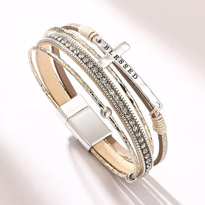 Fesciory Leopard Bracelet for Women, Boho Leather Wrap Multi-Layer Pearl Crystal Bracelet Bangle Jewelry - style: Blessed Cross(Khaki)