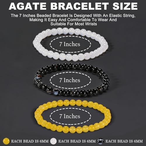 3PCS Agate Bracelet for Women Men Natural Round Beaded Agates Stone Healing Stretch Bracelets Elastic Handmade Polished Gemstone Beads Bracelet - color: Black White+Yellow+White