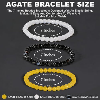 3PCS Agate Bracelet for Women Men Natural Round Beaded Agates Stone Healing Stretch Bracelets Elastic Handmade Polished Gemstone Beads Bracelet - color: Black White+Yellow+White