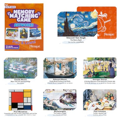 Menique Memory Matching Game – Famous Paintings for Adults & Kids – 70 Cards (35 Pairs) – Bilingual Art Game – Educational & Concentration Activity - style: Art