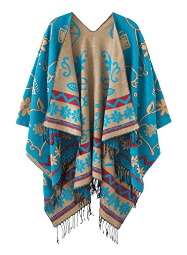 Urban CoCo Women's Retro Style Vintage Pattern Tassel Poncho Shawl Cape Wraps For Women - color: Series1-blue