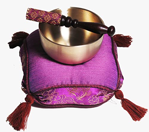 Meditation Accessory Japanese Rin Gong Singing Bowl Set 3.5" dia with Cushion & Brocade Striker - Black - color: 3.5" Magenta Mauve