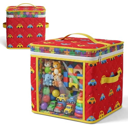 12" Soft Side Zipper Toy Storage Bag, Quilt Pattern Cloth Cube, Reusable, Clear Bag, Playroom, Bedroom & Puzzles Board Game Organizers And Storage Bin, Cars & Puzzles Design - color: Cars