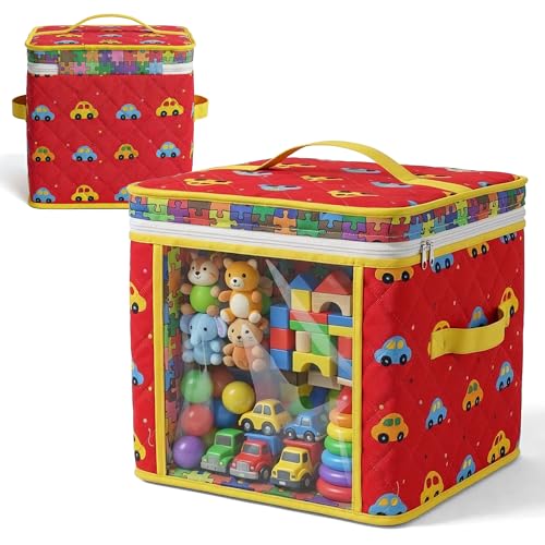 12" Soft Side Zipper Toy Storage Bag, Quilt Pattern Cloth Cube, Reusable, Clear Bag, Playroom, Bedroom & Puzzles Board Game Organizers And Storage Bin, Cars & Puzzles Design - color: Cars