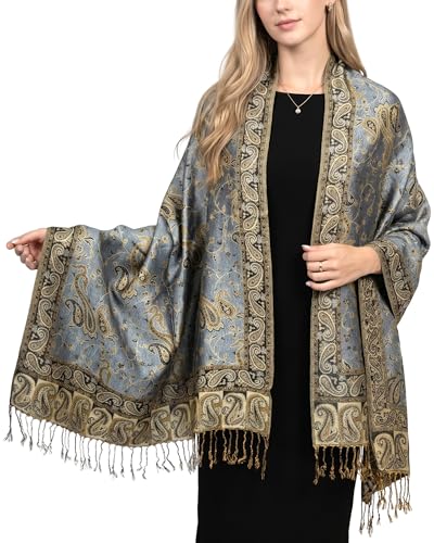 Achillea Reversible Paisley Pashmina Rave Scarf – Exotic Indian Shawls and Wraps for Evening Dresses, Festivals, All Seasons - color: Steel Blue