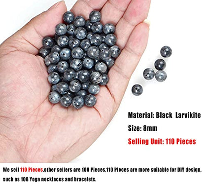 AD Beads 8mm Natural Round Loose Beads 110 Pieces, for Making 108 Mala Prayer Beads Necklace, Bracelet & Yoga Meditation, Jewelry Design （Black Larvikite） - color: Black Larvikite, size: 8mm-110pcs