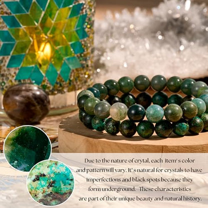 Bivei Natural Gemstone Semi Precious Healing Crystals Handmade Stretchy Round Beads Bracelet,Stocking Stuffers for Women Enhance Positive Energy - color: 8mm Moss Agate & African Turquoise (Peace & Prosperity), size: Large: 8-8.26 inch