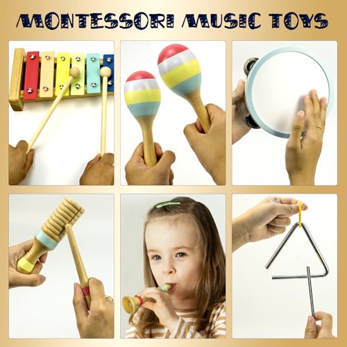 Musical Instruments Set - Montessori Wooden Toys for Toddlers 1-3 | Modern Boho Baby Xylophone with Songbook | Neutral Colors Percussion Instruments | Kids Preschool Educational - style: Xylophone