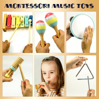 Musical Instruments Set - Montessori Wooden Toys for Toddlers 1-3 | Modern Boho Baby Xylophone with Songbook | Neutral Colors Percussion Instruments | Kids Preschool Educational - style: Xylophone