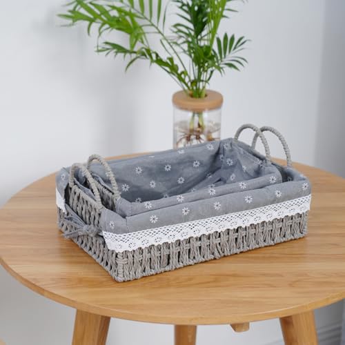 Paper Rope Basket for Organizer on Shelves,Set of 2 Handmade Grey Woven Rectangle Storage Basket Set with Handles and Removable Liners,Ideal for Cosmetics, Toys, Snacks