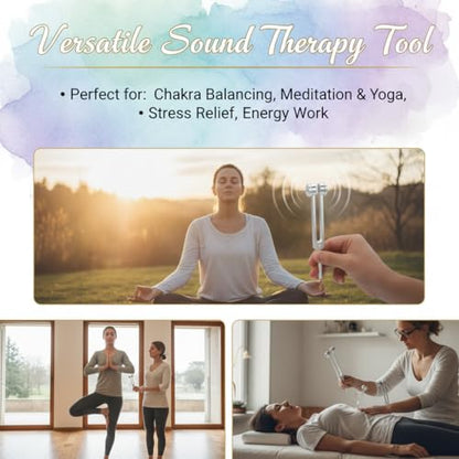 Tuning Forks for Healing Set (128Hz, 256Hz, 512Hz), Tuning Fork with Reflex Hammer for Healing/Frequency Instrument/Sound Therapy/Chakra/Yoga and Meditation Tools (Silvery), Stress Relief Gift