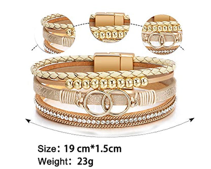 Fesciory Leopard Bracelet for Women, Boho Leather Wrap Multi-Layer Pearl Crystal Bracelet Bangle Jewelry - style: Double Circle(Khaki)