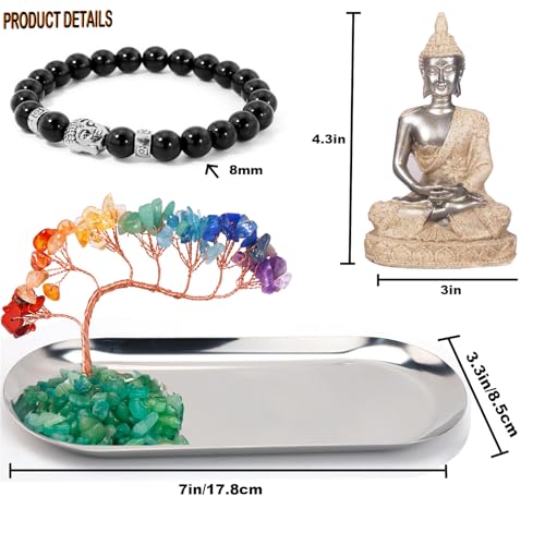 Carselage Buddha Statue and Crystal Tree, Yoga Meditation and Zen Decor, Sitting Statue of Sakyamuni in Thailand(4.3 in), for Office, Desktop, Spirit Room Home Decor (Silver)