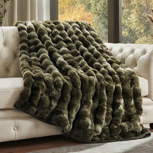 EverGrace Ultra Soft Luxury Fluffy Faux Rabbit Fur Throw Blanket, Thick Warm Bubble Throw for Bed, Cozy Plush Reversible Blankets for Couch, Chair, Sofa, Marble Olive, 50x60 Inches - color: Olive Marble, size: 50"x60"