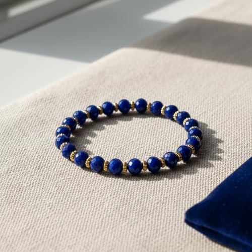 Lapis Lazuli Healing Bracelet – Real Crystal Beads for Stress Relief, Meditation & Chakra Balance – Natural Gemstone Jewelry Gift for Women & Men, Adjustable Stretch Fit - style: 6mm 64-Facet Gold Accent（no gift box）