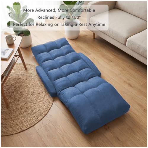 Adjustable Floor Gaming Chair for Adults with Armrests & Adjustable Footrest, 14-Position Folding Chaise Lounge Sofa for Living Room, Bedroom, Balcony (Blue) - color: Blue
