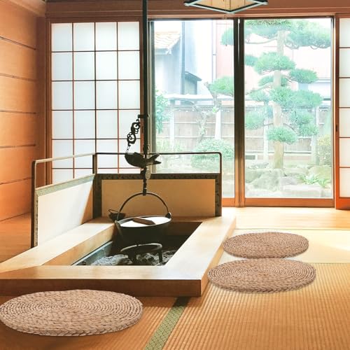 VICASKY Thickened Woven Straw Meditation Cushion 1.5cm Natural Straw Tatami Floor Seat Pad for Indoor Sitting and Zen Practice, Round 30cm Diameter Woven Floor Pillow for Home Use