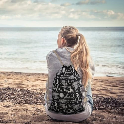 Skull Moon Sun Gothic Witch Board Seamless Black Portable Canvas Drawstring Backpack with Drawstring Pockets 35x50cm - color: Skull Moon Sun Gothic Witch Board Seamless Bl, size: 35x50cm