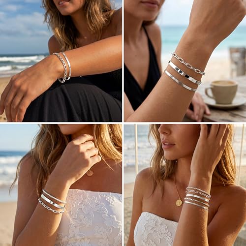 Dainty Gold Bracelet for Women Stack, Thin Bracelets Stackable Set with Bangle Cuff, Box, Herringbone, Paperclip, Figaro, Sparkling Link Chains Waterproof, Simple Jewelry Gifts for Women Non Tarnish - color: style 03-silver