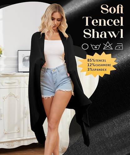 Tencel Cashmere Shawl Wraps for Women,Pashmina Stole Airplane Travel Wool Scarf Blanket Wrap Lightweight UPF 50+ - color: Black
