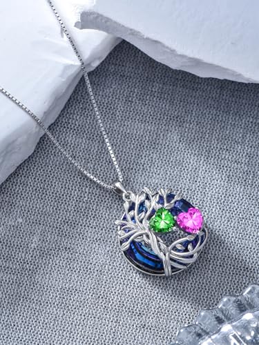 TOUPOP s925 Sterling Silver Family Celtic Tree of Life Pendant Necklaces with 2 Heart Birthstone with Blue Austrian Crystal Jewelry Birthday Valentines Day Gifts for Her, Anniversary Christmas Gifts for Wife Girlfriend Mom (18K Real White Gold Filled) - c