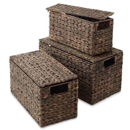 Casafield Set of 3 Water Hyacinth Storage Baskets with Lids, Espresso - Small, Medium, Large Woven Nesting Bins for Bathroom, Bedroom, Closets, Shelves