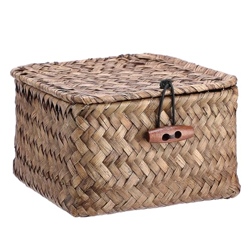 Seagrass Basket with Lid Natural Seagrass Storage Box Square Handwoven Basket Box for Shelf Multipurpose Desktop Organizer Bin for Key Candy, 4.7" x 2.7" - color: Coffee color, size: 4.7"L x 4.7"W x 2.7"H