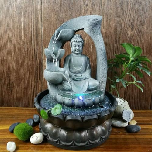 Buddha Tabletop Waterfall Fountain Meditation Relaxing Indoor Decoration, Zen Fountain for Home, Office, Bedroom Decoration(Grey 2)