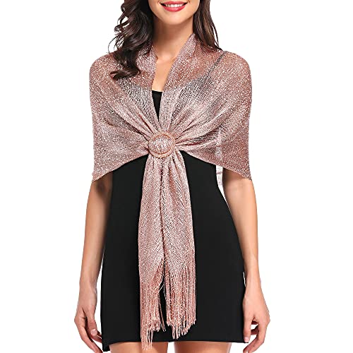 vimate Sparkling Metallic Shawls and Wraps for Evening Party/Wedding/Formal Dresses (With Free Buckle) - color: B#. Rose Gold (With Rose Gold Buckle)